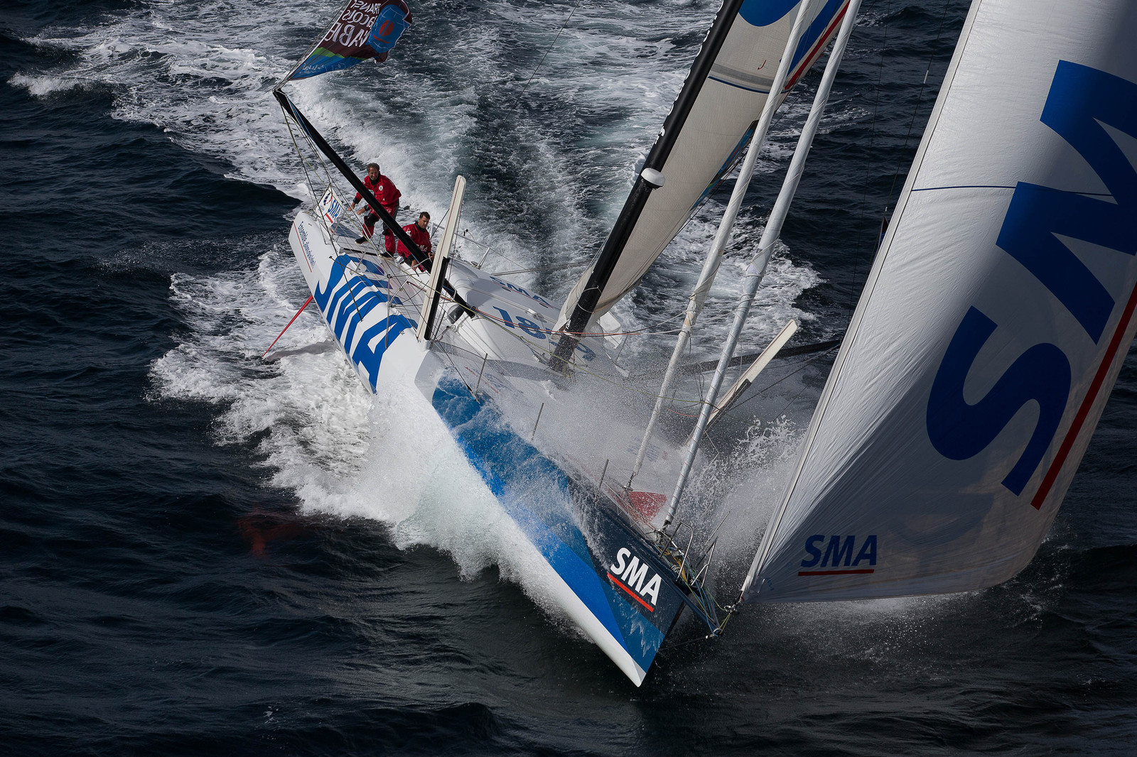 ..Paul Meilhat and Michel Desjoyeaux (Fra) training onboard IMOCA SMA before the start of Transat Jacques Vabre 2015 from Le Havre to Itajai off Groix, 16 09 2015, Photo © Jean-Marie LIOT   DPPI