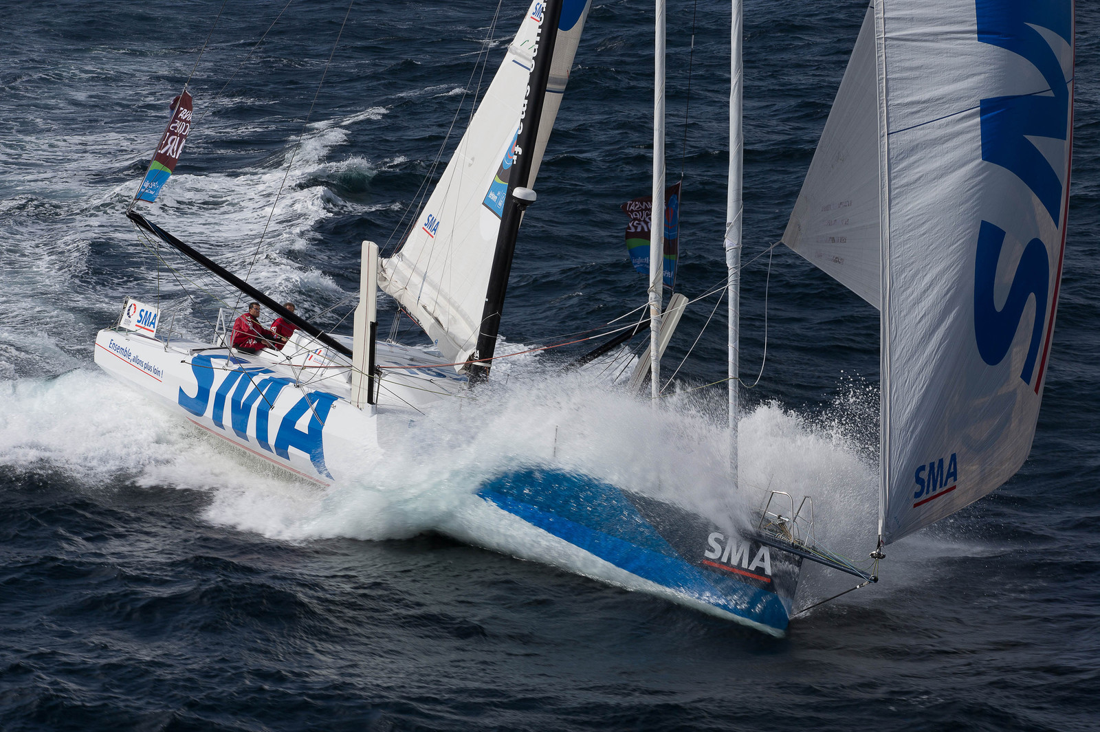 ..Paul Meilhat and Michel Desjoyeaux (Fra) training onboard IMOCA SMA before the start of Transat Jacques Vabre 2015 from Le Havre to Itajai off Groix, 16 09 2015, Photo © Jean-Marie LIOT   DPPI