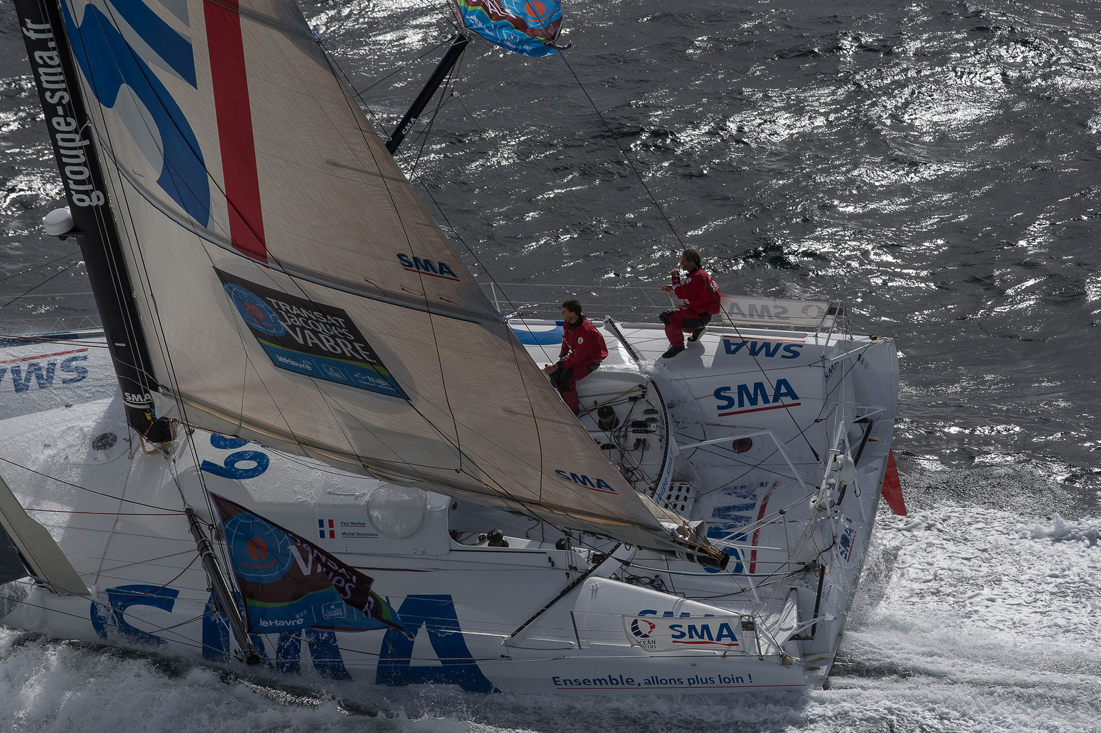 ..Paul Meilhat and Michel Desjoyeaux (Fra) training onboard IMOCA SMA before the start of Transat Jacques Vabre 2015 from Le Havre to Itajai off Groix, 16 09 2015, Photo © Jean-Marie LIOT   DPPI